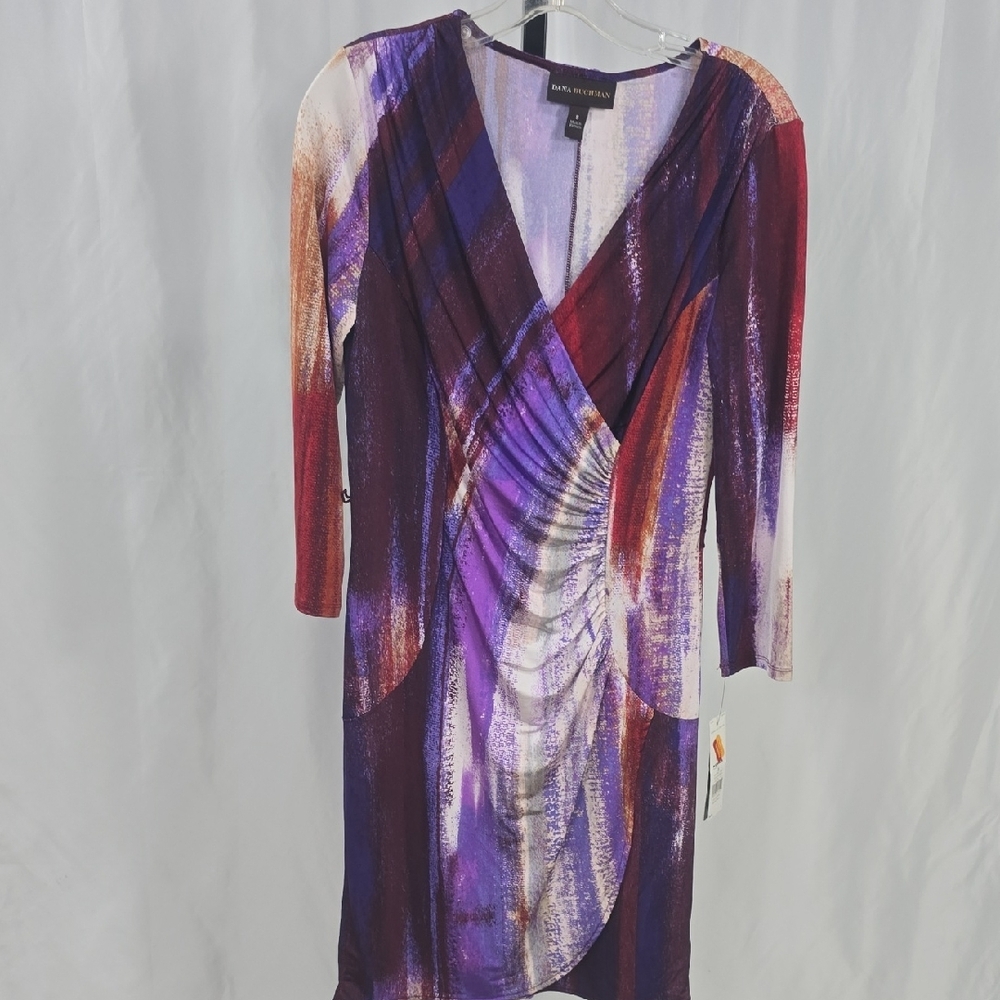 Dana Buchman Purple and Red Sheath Dress with Plunge Neckline - Picture 2 of 7